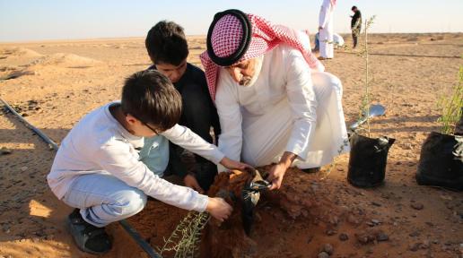 A father planting a tree with his son